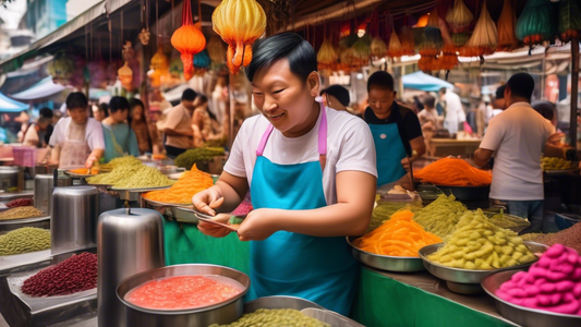 A vibrant food market bustling with excitement, where a skilled vendor is artfully preparing and serving colorful silkworm smoothies to intrigued and delighted customers.