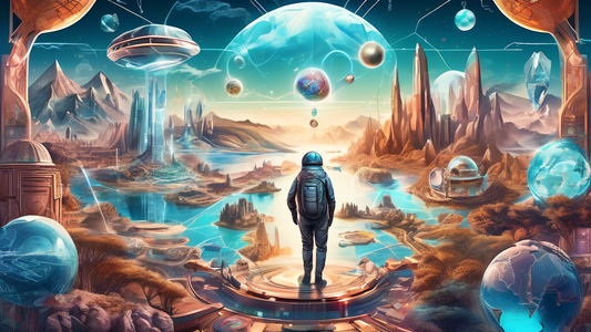 Detailed illustration of a futuristic traveler in 2024 using advanced holographic maps to explore hidden gems and unique destinations around the world, surrounded by diverse landscapes and elements symbolizing different cultures and adventures.