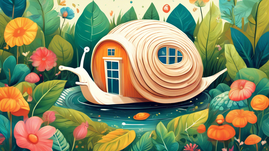 A whimsical illustration of a snail relaxing in a tiny house shaped like a shell, surrounded by a lush garden.