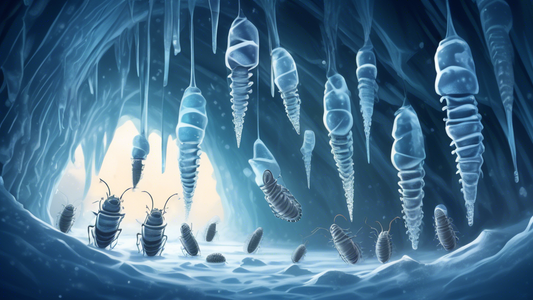 Illustration of a group of isopods clinging to an icicle, set in a frosty cave with light filtering through ice formations, showcasing the magical and chilly atmosphere of their habitat