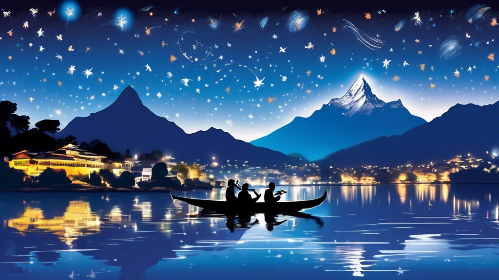 An enchanting night view of Pokhara city with reflections on Phewa Lake under a starry sky, framed by the silhouette of the Annapurna mountain range, as local musicians serenade on traditional Nepali instruments.