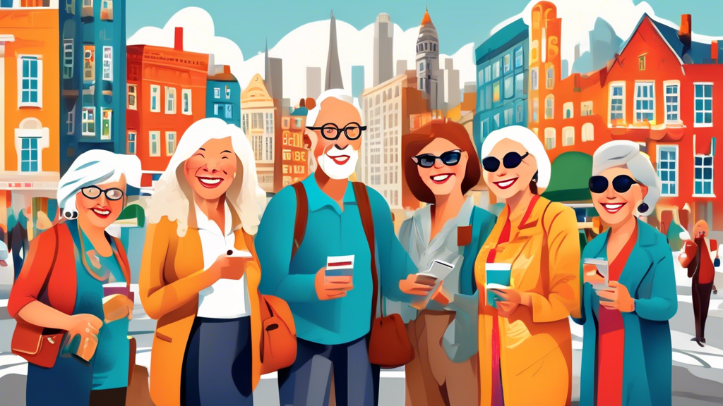 A group of smiling baby boomer tourists with diverse interests captured in a vibrant, welcoming cityscape, illustrating hidden tips for engaging them, all framed by symbolic icons representing the secrets to their hearts and travel preferences.