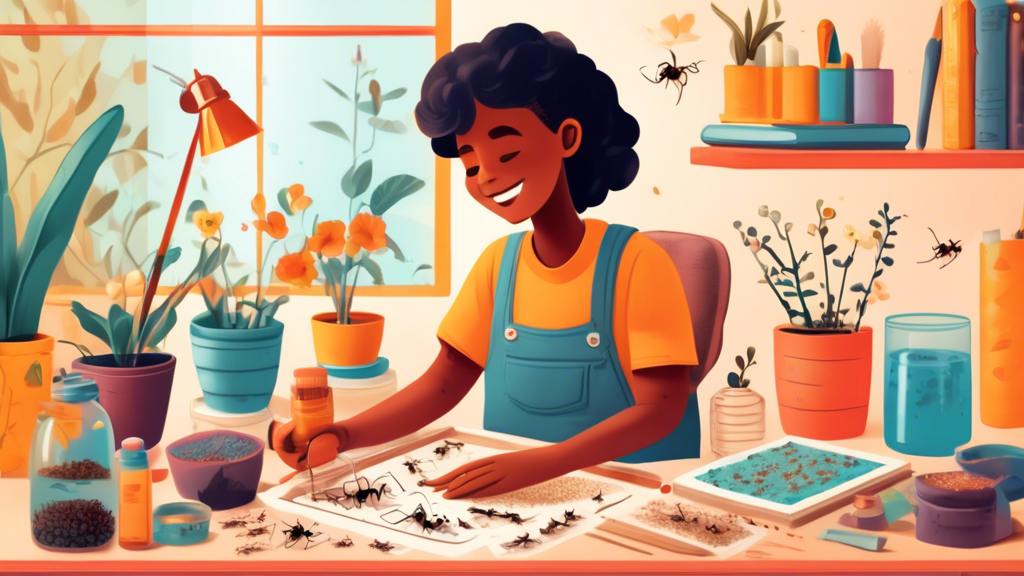 A colorful, detailed illustration depicting a beginner happily working on a DIY ant farm project, with easy-to-follow guides and essential materials spread out on a table, in a cozy, well-lit room.