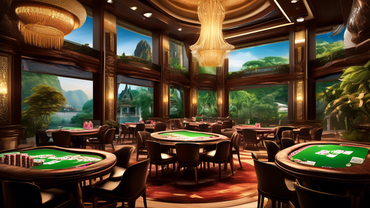 Generate a vivid and detailed image of a luxurious, modern poker venue in Thailand, adorned with elegant Thai cultural elements. The venue is bustling with international players seated around poker ta