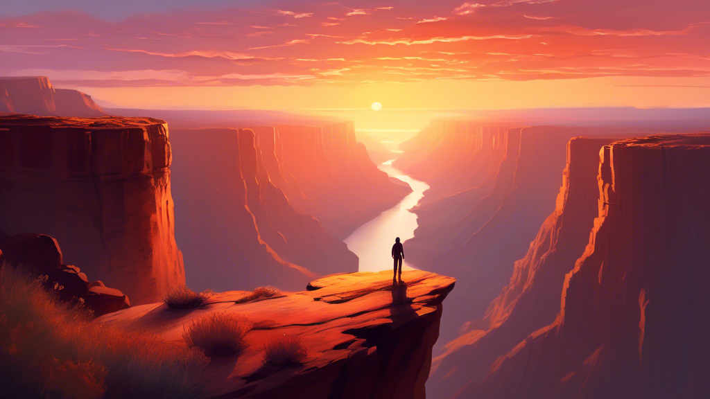 An awe-inspiring landscape with a small human figure standing at the edge of a cliff, gazing into a breathtaking sunrise that illuminates a vast canyon below, symbolizing the beginning of a life-changing journey.