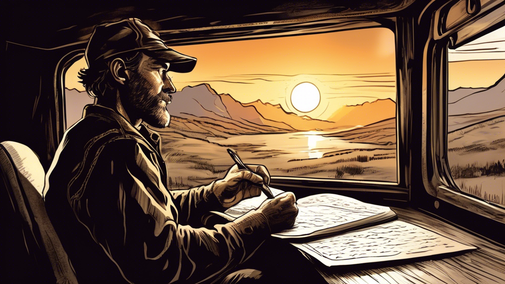 An image of a rugged, thoughtful truck driver sitting behind the wheel of a big rig, parked beside a scenic overlook, jotting down notes in a weathered journal with a pen, as the sunrise illuminates the pages and the landscape beyond.