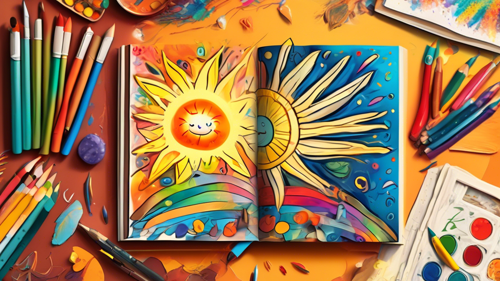 A whimsical guidebook titled Write, Draw, Publish! laying open on a table covered in art supplies, with a child's drawing of a smiling sun peeking out from between the pages.