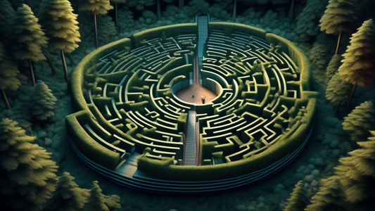 An intricate labyrinth viewed from above, with the entrance resembling an open, inviting mouth, set in an enchanting, mysterious forest at twilight.