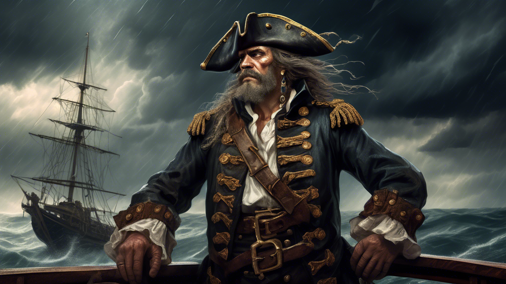 A seasoned pirate captain, clad in weathered, ornate attire, standing at the helm of his ship under a stormy sky, gazing contemplively into the horizon, with the burden of leadership and the fate of his crew reflected in his weary but determined eyes.