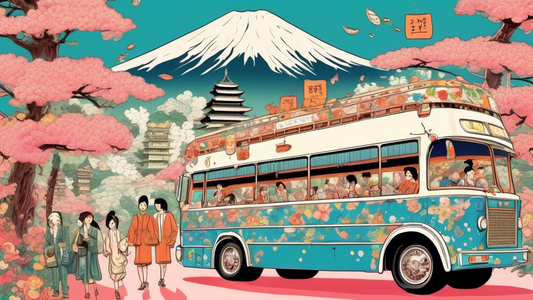 A whimsical illustration of an extravagantly decorated, empty luxury tour bus driving through iconic Japanese landmarks, with a price tag of $25,000 hanging off the side, while puzzled tourists look on from a distance.