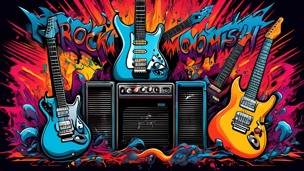 Detailed illustration of a computer screen displaying a vibrant, edgy Rockmosh Font with a download button below, surrounded by electric guitars and amplifiers in a dynamic, energetic setting.