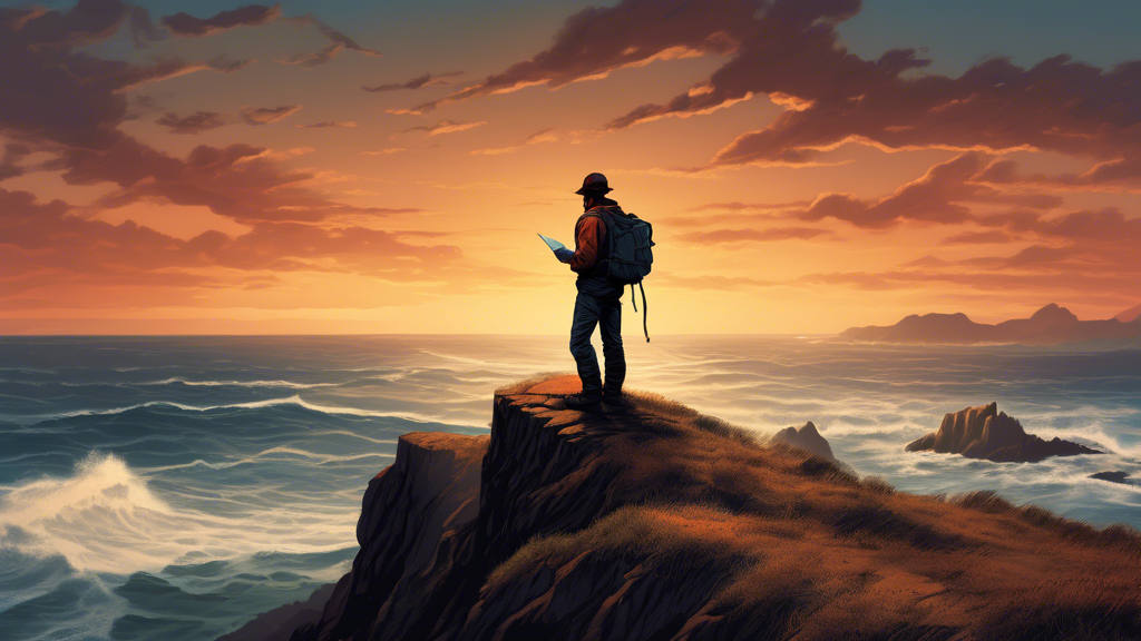 Dramatic image of a lone hiker with a map, standing on a rugged coastline at sunset, with the vast Pacific Ocean in the background, signifying both loss and discovery.