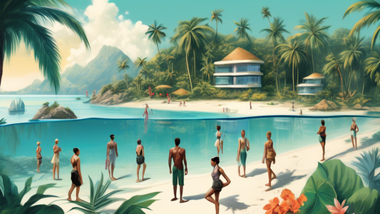 Create an image depicting a serene tropical island with lush palm trees and crystal-clear waters. In the foreground, show a person walking away with a suitcase and a concerned expression. To the side,