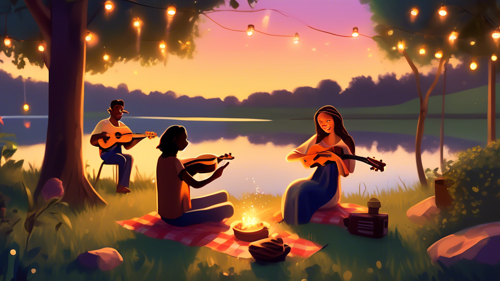 A warm summer evening by the river, with a group of three friends, two playing guitars and one playing a violin, serenading nearby listeners who are sitting on picnic blankets under strings of small g