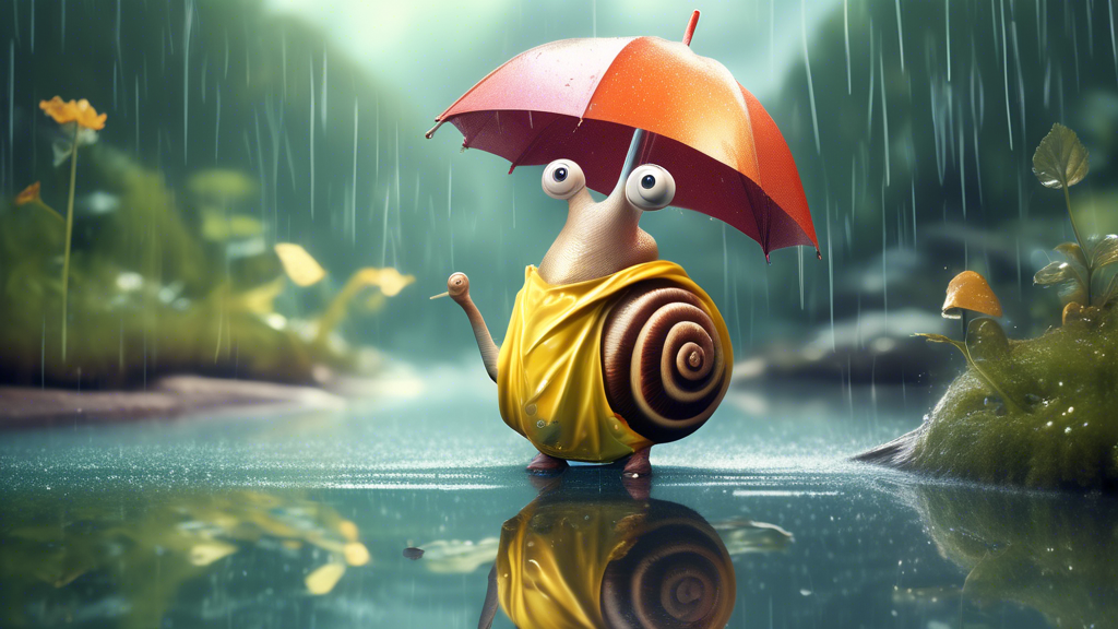 A whimsical illustration of a snail wearing a raincoat and holding an umbrella, standing next to a sparkling clean river.