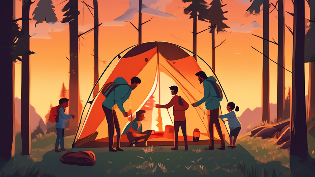 A family cheerfully setting up their perfect camping tent in a picturesque forest at sunset, with visual comparison charts of different tent features floating above.