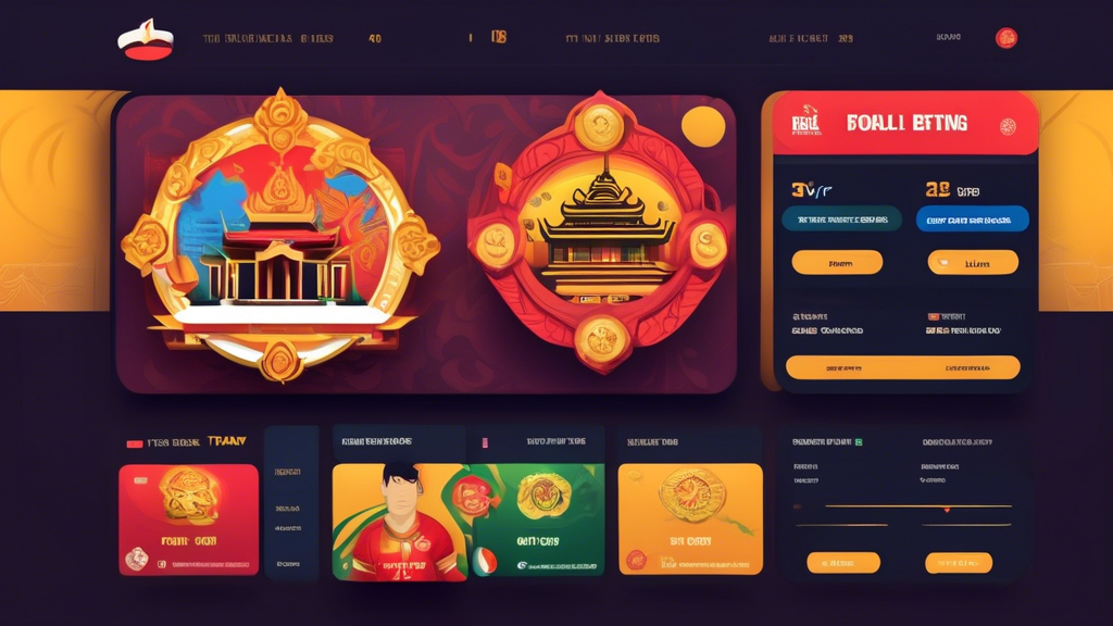 Create a digital illustration of a sleek, modern online football betting platform interface, with a focus on the vibrant elements of Thai culture. Show a user-friendly dashboard displaying live footba