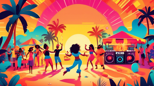 A vibrant, digital illustration of a beach summer party flyer featuring cartoon characters dancing under a sunset, with palm trees, a DJ booth, and a bonfire, all surrounded by colorful party decorations and text space for event details.