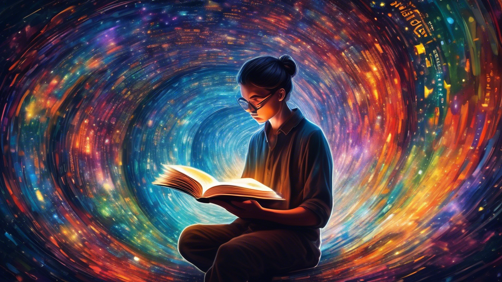 A solitary figure reading a glowing book, transforming into a confident version of themselves, surrounded by a swirling galaxy of words.