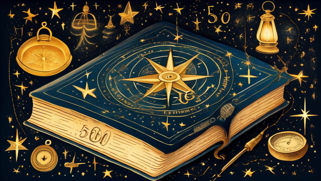 A beautifully illuminated vintage book open to a page titled '50 Completely True Things,' surrounded by whimsical symbols of truth such as a golden scale, an ancient compass, and a glowing lantern, all set against a backdrop of a starry night sky.