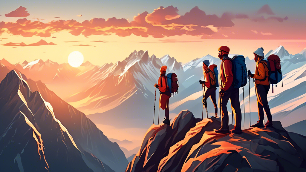 A group of happy adventurers standing on a mountain peak at sunrise, equipped with the latest high-tech outdoor gear including backpacks, trekking poles, and rugged clothing, showcasing a panoramic view of the breathtaking landscape below.