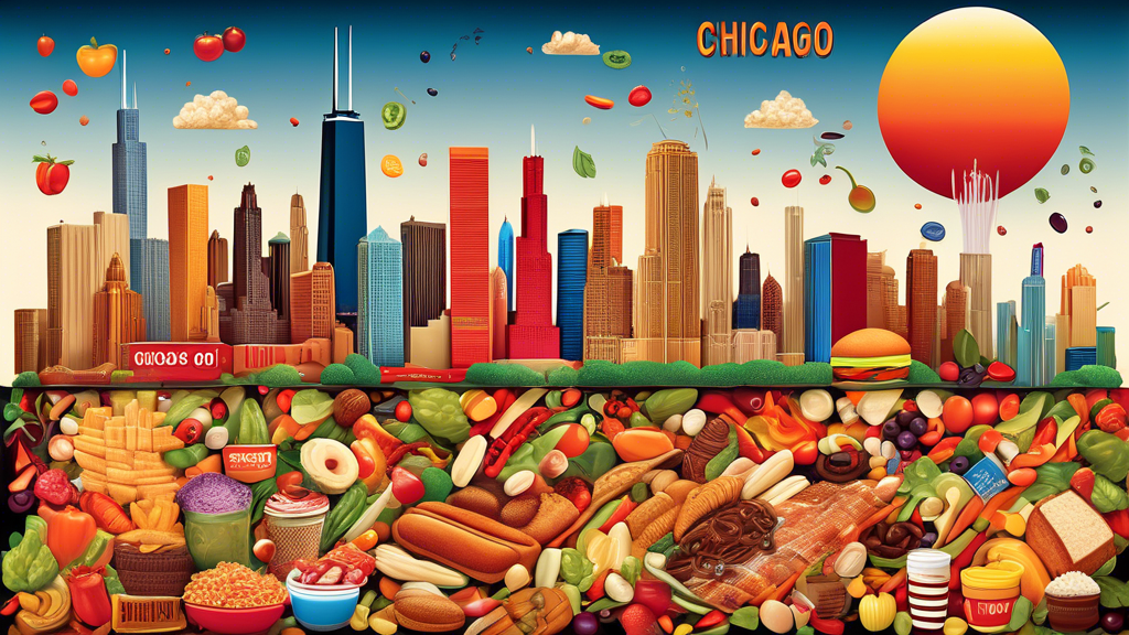 An artistic illustration of the Chicago skyline made entirely out of famous foods and ingredients iconic to Chicago, with vibrant colors and a celebratory atmosphere, highlighting the city's title as the gastronomic city of the U.S.