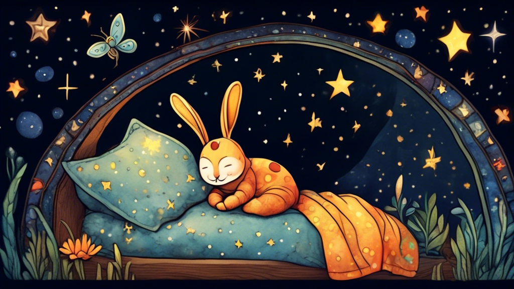 A cute, sleeping baby animal tucked in bed under a starry night sky with a large, open storybook.