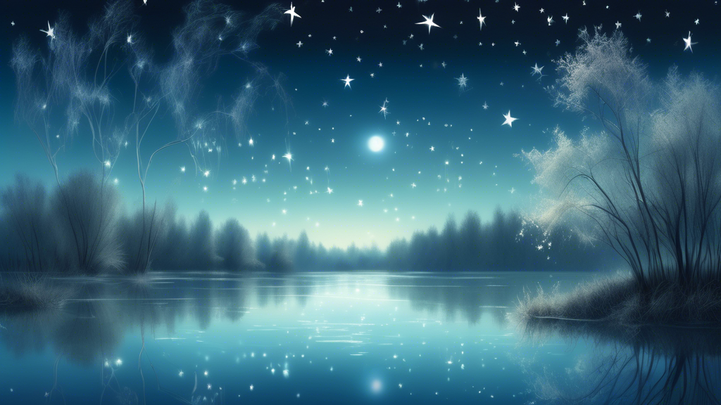 A serene, moonlit lake with faint, glowing words floating above the water surface like ethereal whispers, surrounded by wispy willow trees and a star-filled sky.