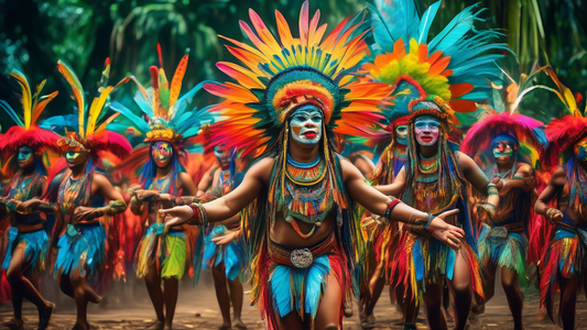 A vibrant, colorful festival in the Amazon rainforest with two groups of performers in elaborate headdresses and costumes competing against each other.