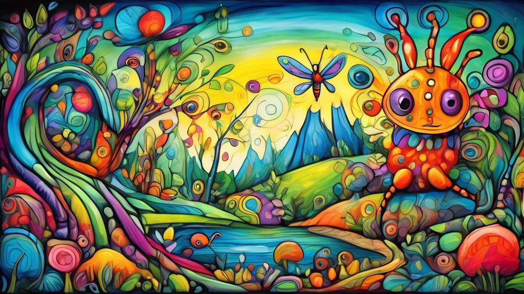 A child's drawing of a whimsical creature and fantastical landscape coming to life with vibrant colors, as if painted by a professional illustrator.