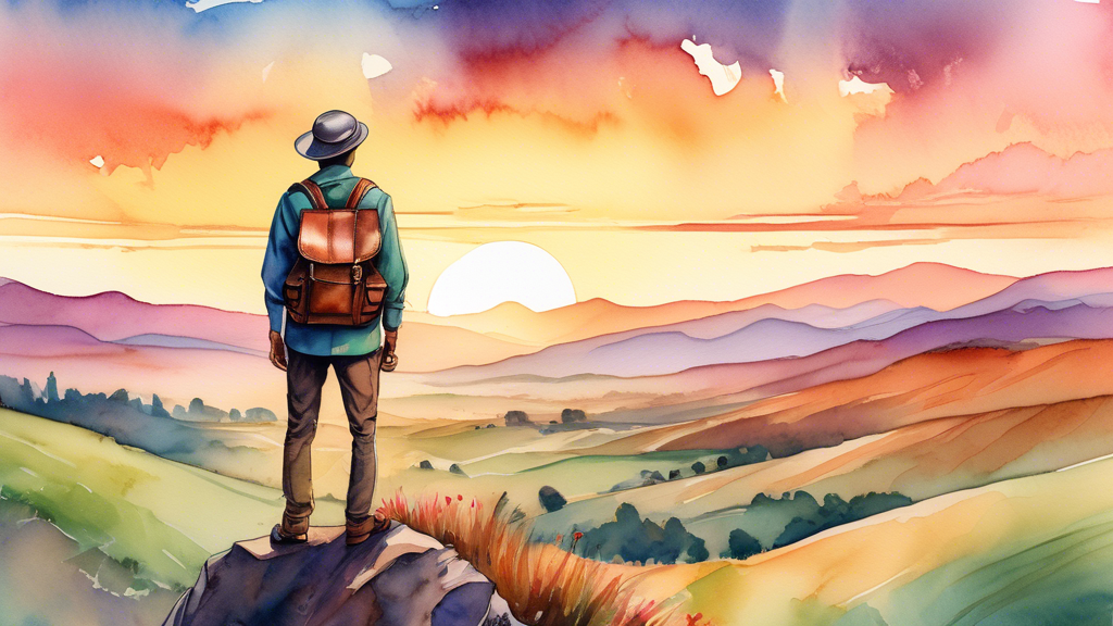 A serene watercolor scene of a person standing on top of a hill, gazing at a vast landscape of rolling hills and distant mountains, with a vibrant sunset in the background and a vintage leather backpa