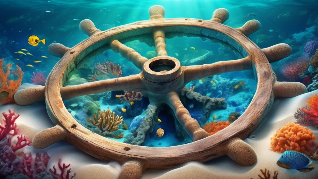 An ancient ship's wooden wheel partially buried in the sand at the bottom of a crystal clear, sunlit ocean, with colorful coral reefs and curious marine life surrounding the mysterious maritime relic.