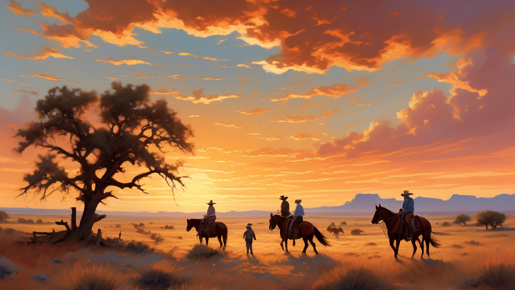 A windswept Texas landscape at sunset with a family on horseback riding freely across the plains, symbolizing unity and freedom, framed by the expansive sky and rugged terrain, capturing the essence of ‘Texas Free’.