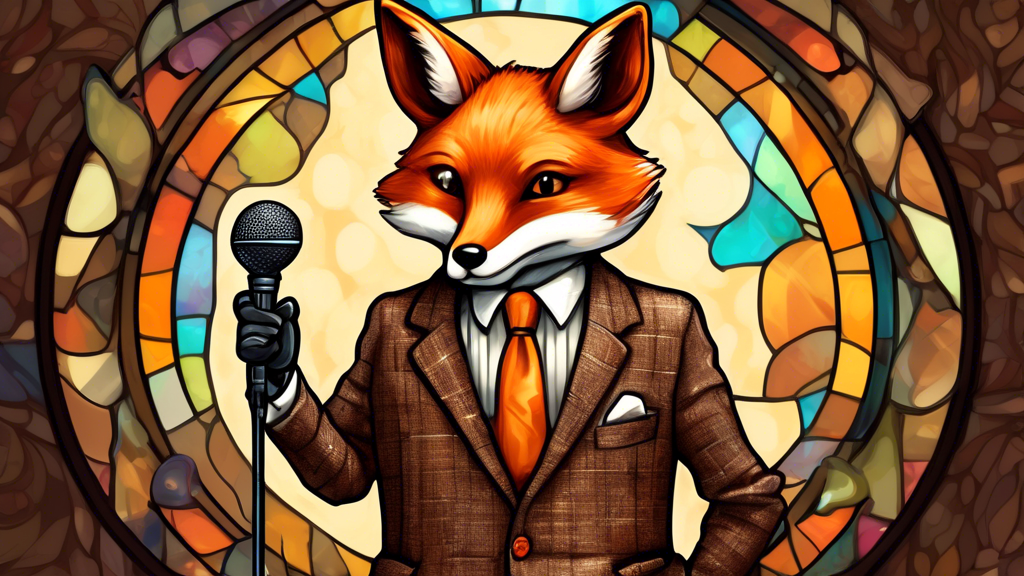 A dapper fox in a brown tweed suit, holding a microphone, with a question mark bubble above his head