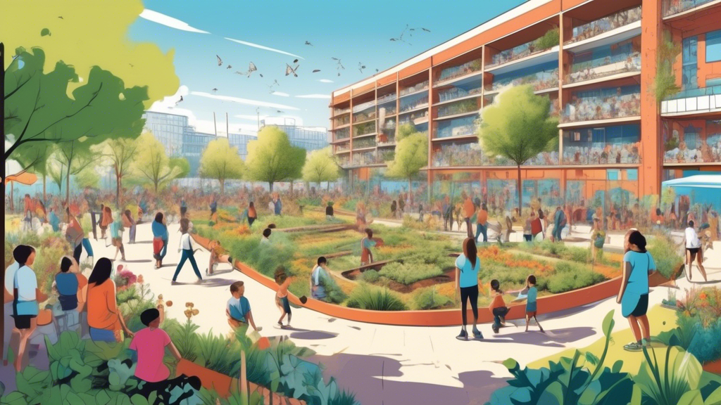 An illustration of an abandoned sports stadium transformed into a vibrant community garden and urban park, with people of all ages interacting, playing, and gardening under a clear blue sky.
