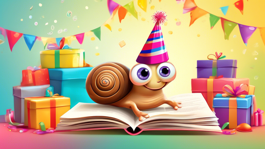 A happy snail wearing a birthday hat, surrounded by wrapped gifts