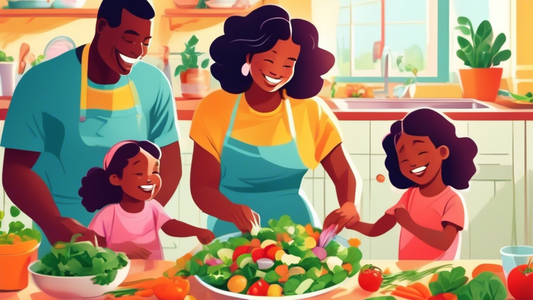 An illustration of a happy family preparing a colorful and healthy vegetable salad together in a bright, sunny kitchen, with a title on the bottom 'Raising Healthy Eaters: Building Nutritious Habits For Kids.'