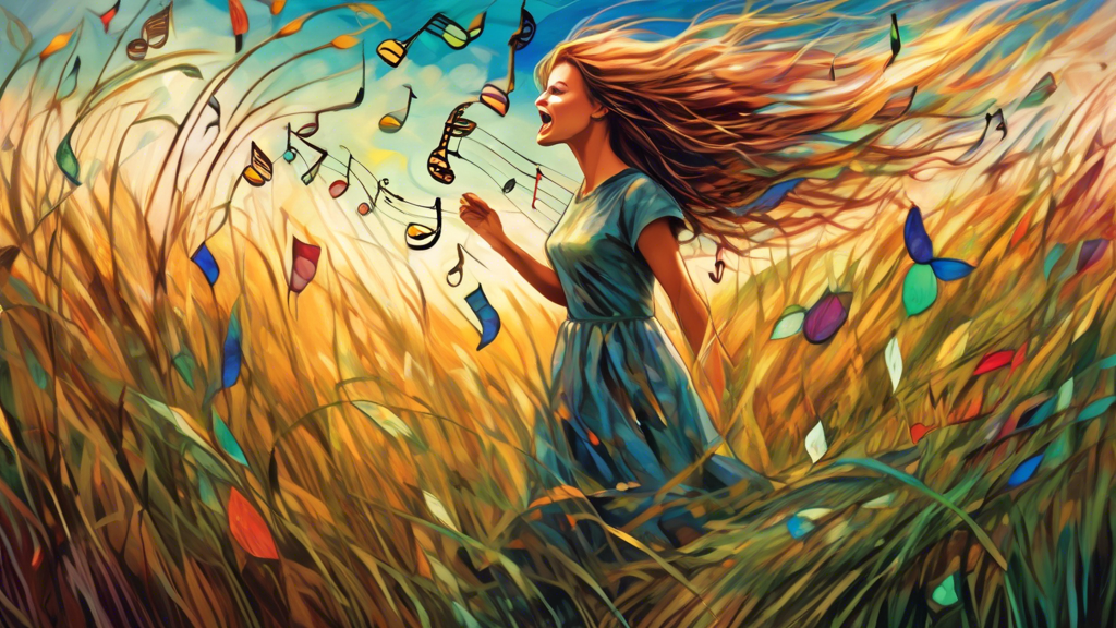 A young woman with windblown hair walks through a field of tall grass, singing, with musical notes swirling around her.