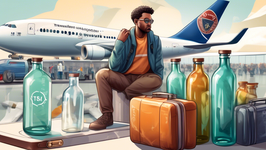 Detailed illustration of a traveler looking quizzically at various sized glass bottles packed in luggage, with a transparent overlay of TSA rules and airplane in the background, emphasizing the 2024 guidelines.