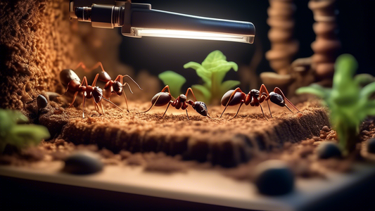 Create a visually captivating image of an ant farm setup as a professional video recording studio, showcasing tiny camera equipment and lighting designed for ants, with a backdrop that includes various chambers and tunnels bustling with ant activity.