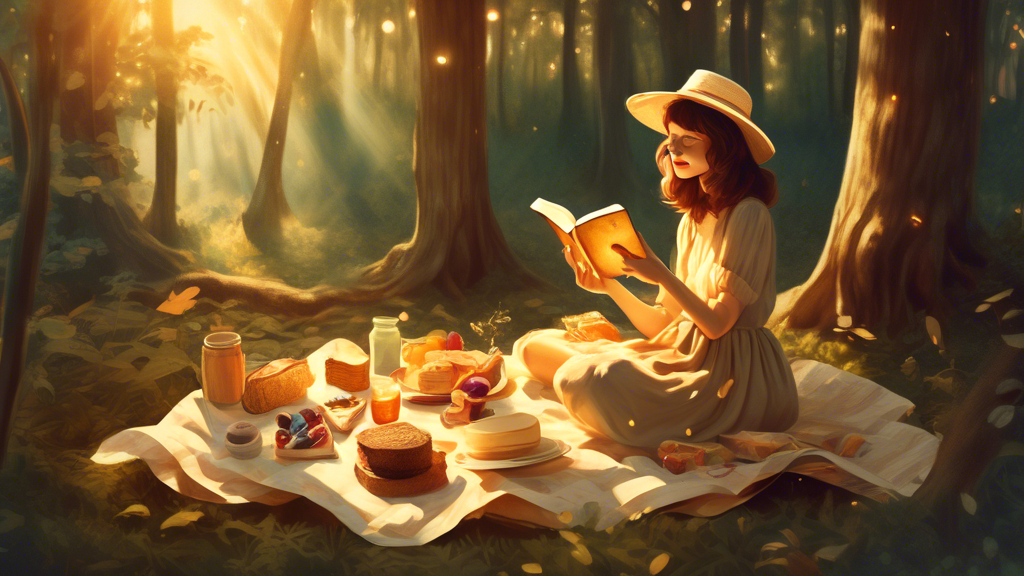 A whimsical self-portrait enjoying a serene picnic alone in an enchanted forest, with a vintage camera, an open book, and a small, delicious spread of food, framed by golden sunlight filtering through the trees.