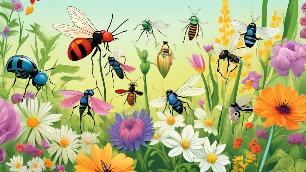 Digital illustration of beneficial insects pollinating vibrant spring flowers in a lush garden, highlighting the role of entomology in gardening