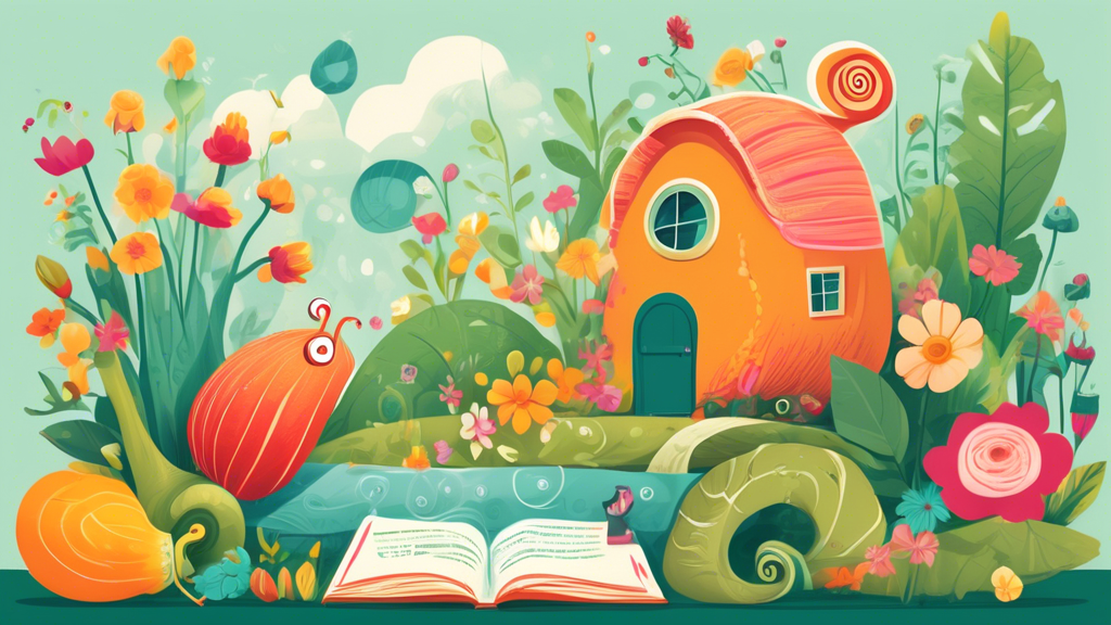 A whimsical garden with giant vegetables and flowers, where a snail is carrying a backpack and watering a tiny house