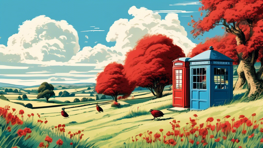 An idyllic English countryside scene with rolling hills, a traditional thatched cottage, a vintage red telephone booth, and a cricket match in the background, under a bright blue sky adorned with fluffy clouds.