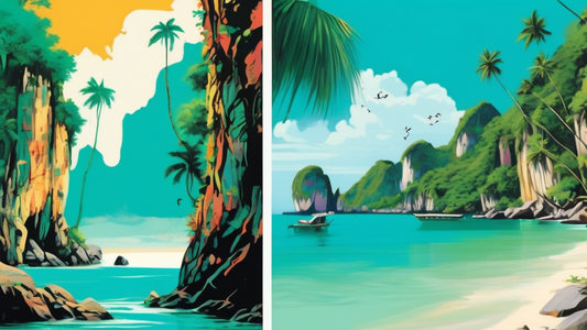 A split screen image, one side showing the lush jungles and beaches of Koh Samui, the other side showing the dramatic cliffs and turquoise waters of Krabi, with a question mark in the middle.