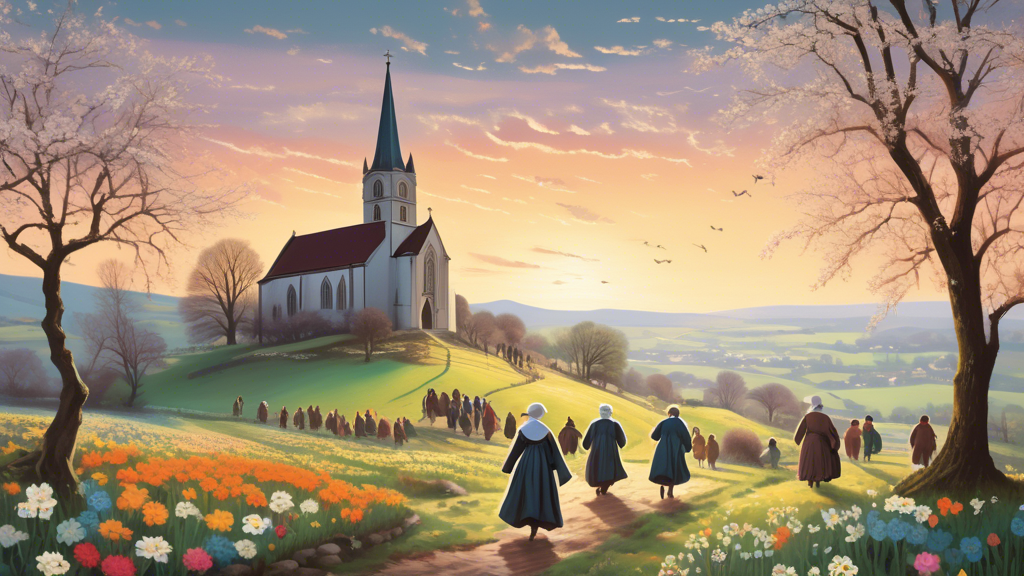 An evocative image of pilgrims dressed in traditional attire, journeying across a picturesque landscape dotted with early spring flowers, with a historical church on the horizon under a dawning Easter morning sky.