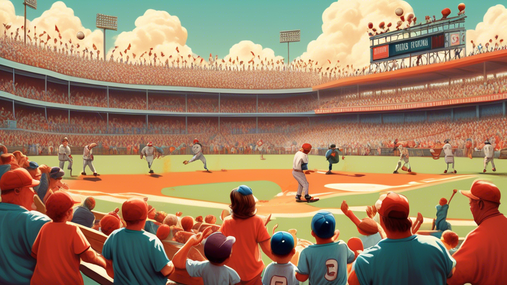 A vibrant, surreal illustration of colossal giants and titans playing baseball on a sunny Sunday afternoon, with a crowd of tiny humans watching in awe from the stands.