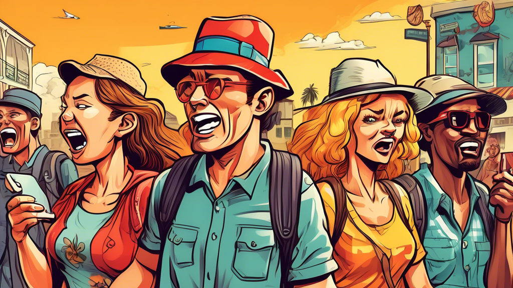 Digital illustration of American tourists encountering negative reactions from local people in different global tourist destinations, capturing a range of emotions and cultural misunderstandings, in a colorful, comic book style.