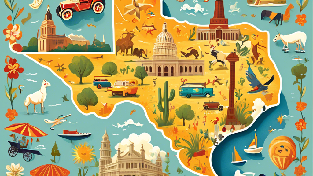 An illustrated map of Texas highlighting top tourist attractions, each represented by a whimsical and detailed icon, under a bright and sunny sky.