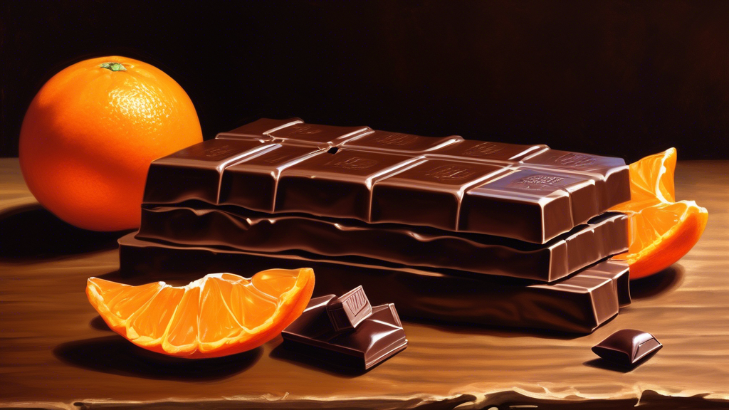 A still life painting of a dark chocolate bar partially unwrapped next to a vibrant, ripe orange, with both items casting soft shadows on an antique wooden table, symbolizing the bittersweet concept.